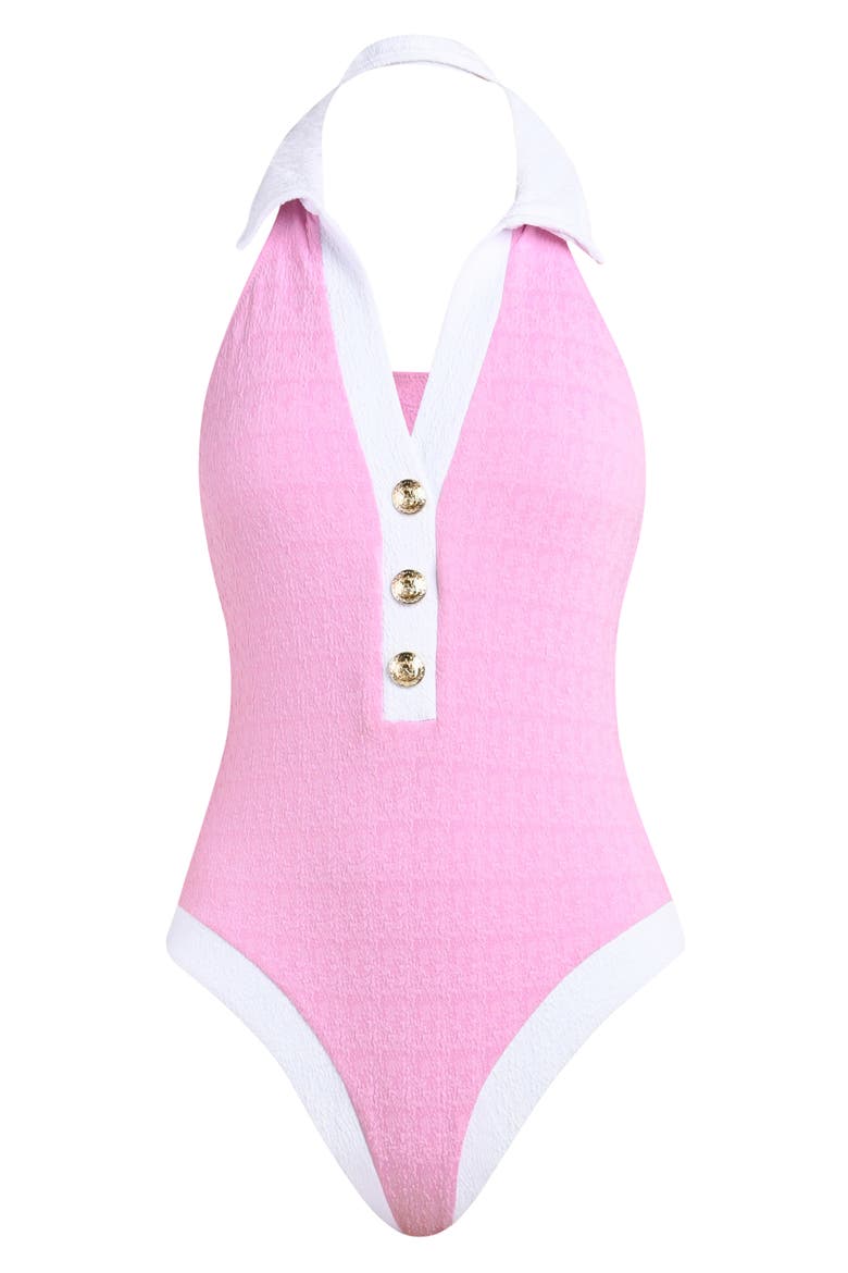 Natalya Colorblock Halter One-Piece Swimsuit, Alternate, color, BLUSH