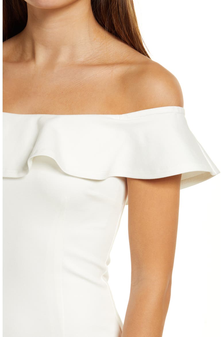 City Nights Ruffled Off the Shoulder Midi Dress, Alternate, color, IVORY