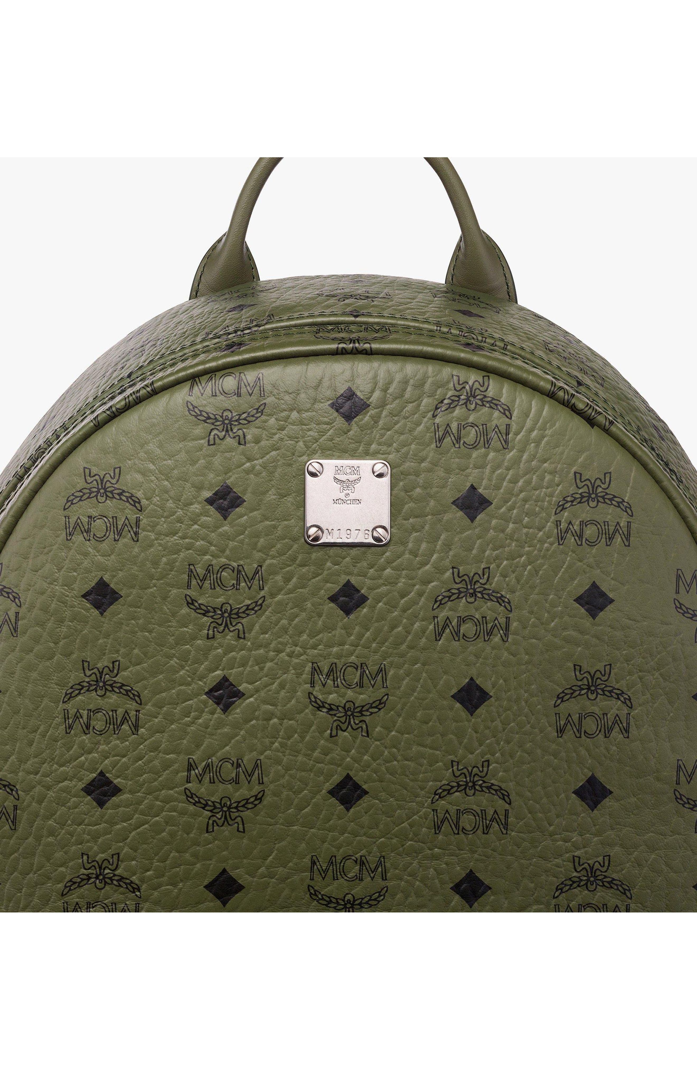 MCM Stark Side Studs Backpack in Visetos, Alternate, color, Khaki Moss