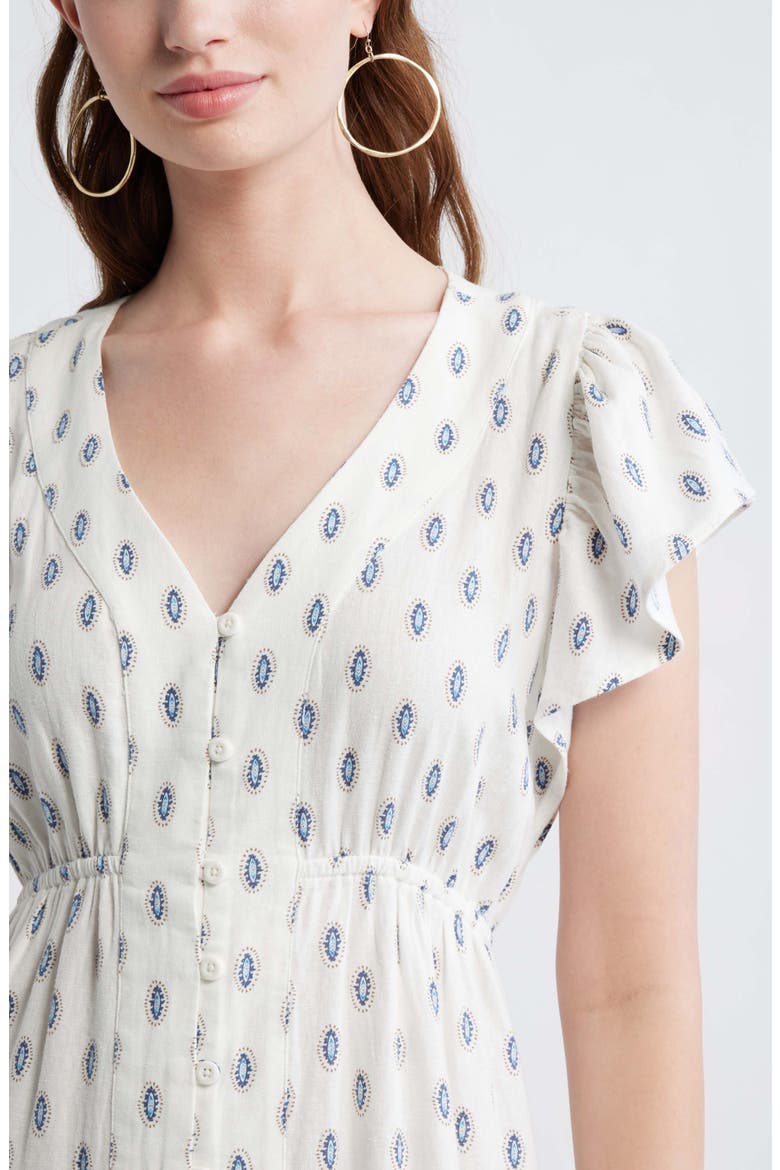 Short Sleeve Button Down Linen Blend Midi Dress, Alternate, color, IVORY- BLUE I FOULARD FLOAT