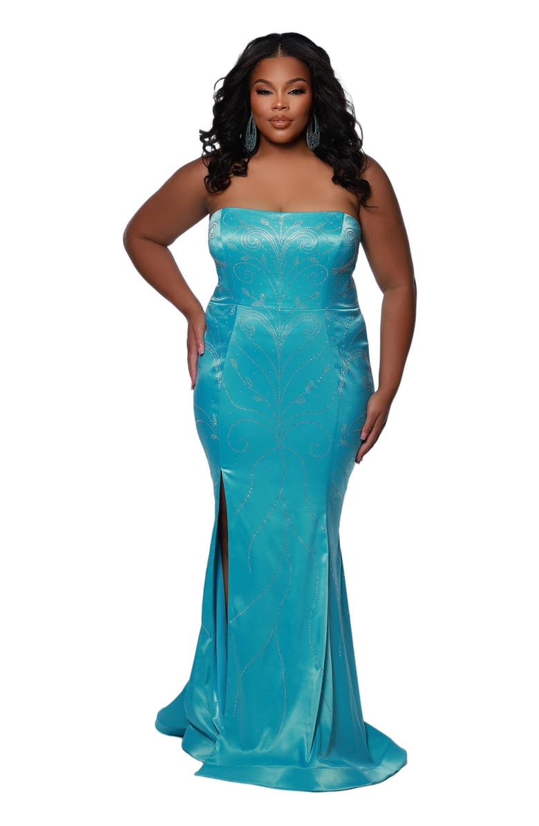 Johnathan Kayne for Sydney's Closet Slim Fitted Strapless Plus Size Evening Gown, Main, color, Aqua
