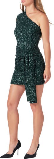 Sequin Draped Padded One-Shoulder Minidress