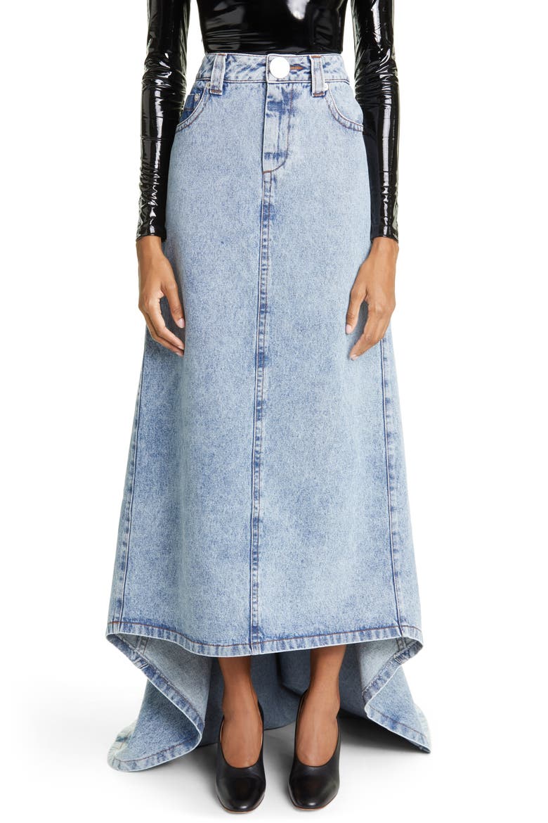 Denim Maxi Skirt with Train, Main, color, BLUE