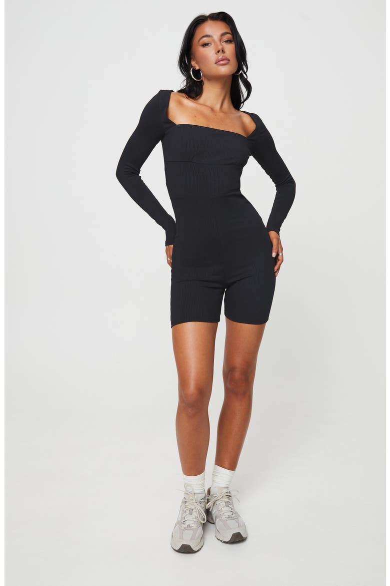 Sara Long Sleeve Rib Romper, Alternate, color, BLACK