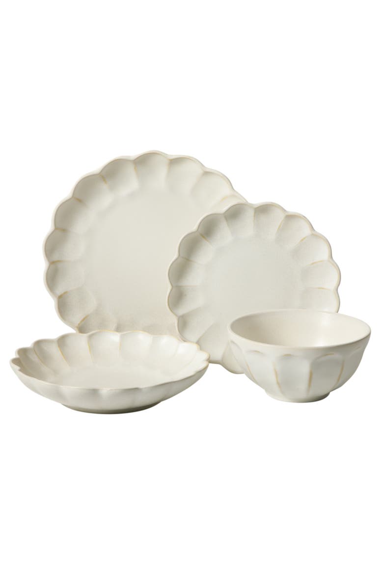 Yuelu Bloom 16 Piece Plates and Bowls Scallop Embossed Dinnerware Set, Alternate, color, Jasmine White