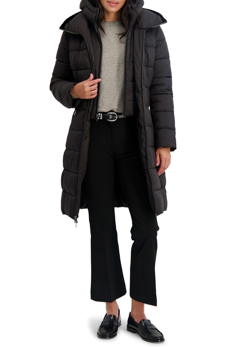 Tahari Greta Longline Hooded Coat, Main, color, Black