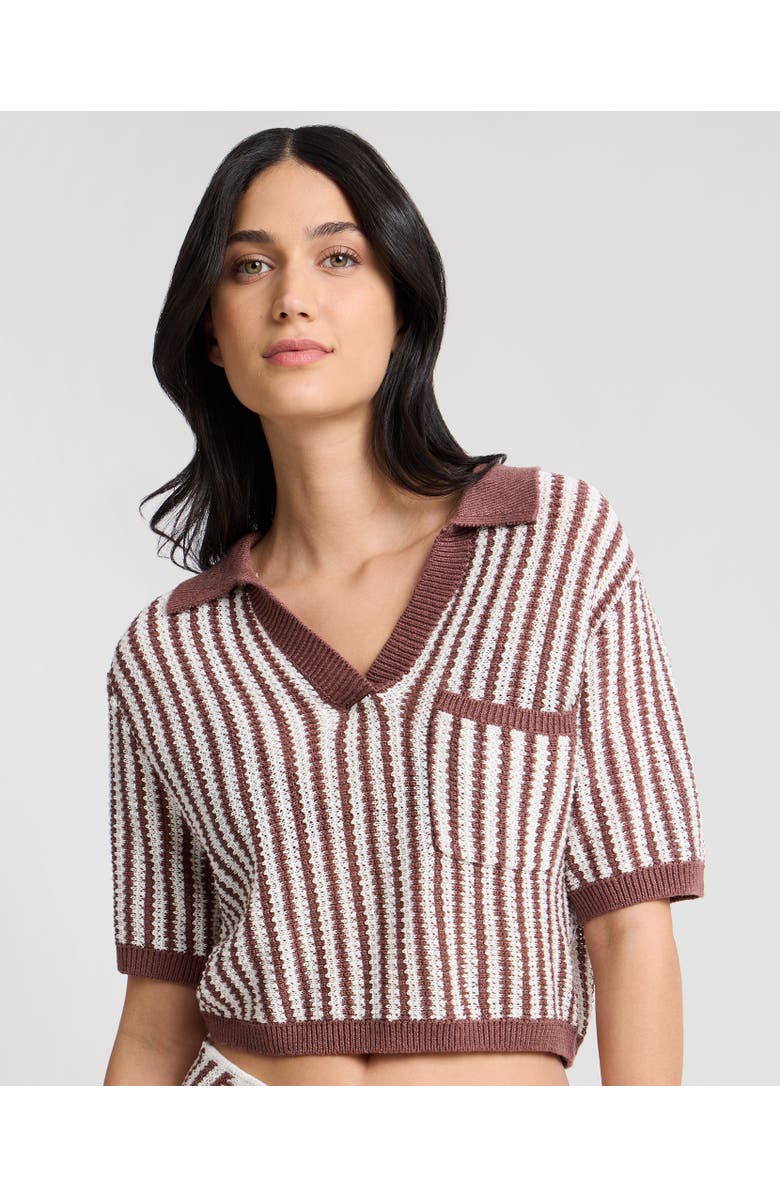 Onia Linen Knit Cropped Polo, Main, color, Brown/White