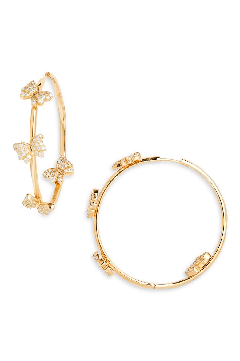 Butterfly Garden Pavé Diamond Hoop Earrings, Main, color, YELLOW GOLD/ DIAMOND