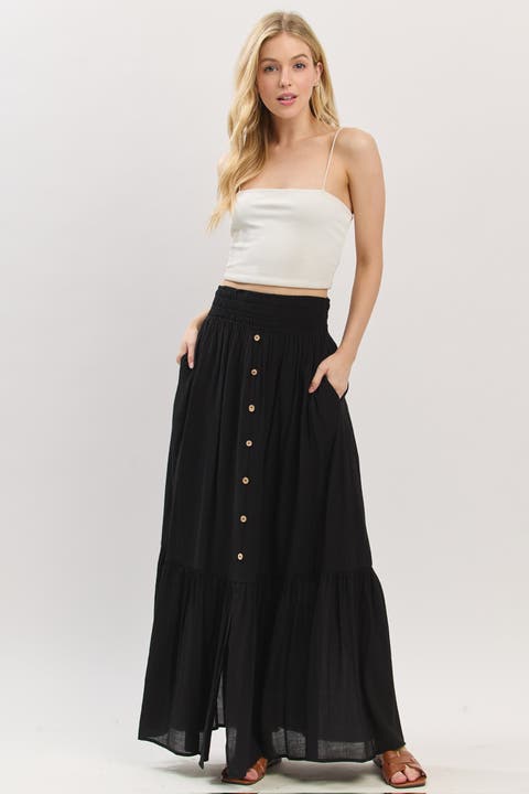 Smocked Waist Button Accent Maxi Skirt