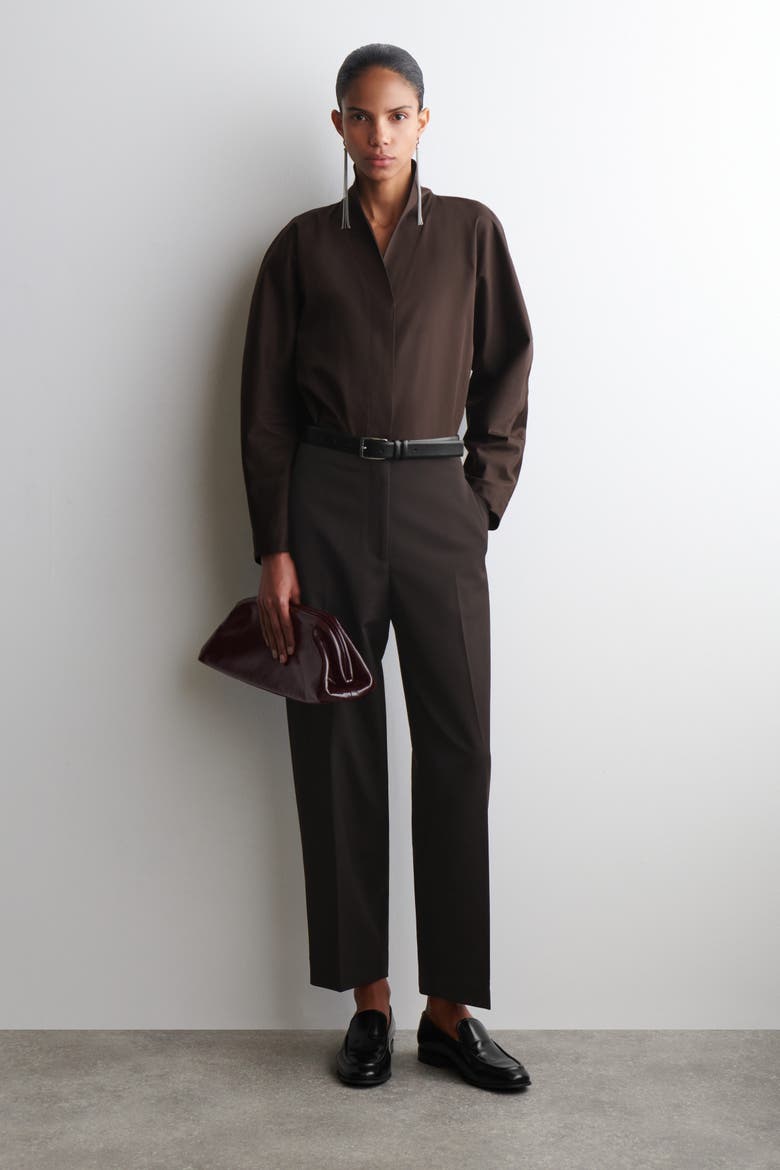 Shawl-Collar Cotton Blouse, Alternate, color, DARK BROWN