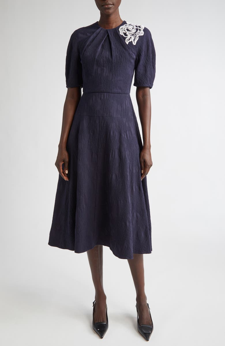 Erdem Floral Jacquard Short Sleeve Midi Dress, Main, color, Midnight Blue