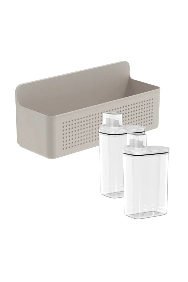 Clear Airtight 77oz Laundry Detergent Dispenser Set with Measuring Cap and Wall Mounted Storage Basket, 3 Piece Organizer, Main, color, Beige