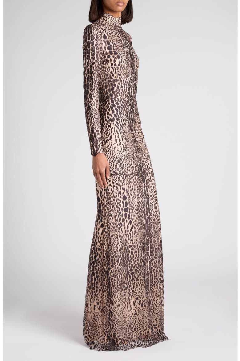 Leopard Print Long Sleeve Lace Gown, Alternate, color, XKBDP BROWN/ ANTIQUE PINK