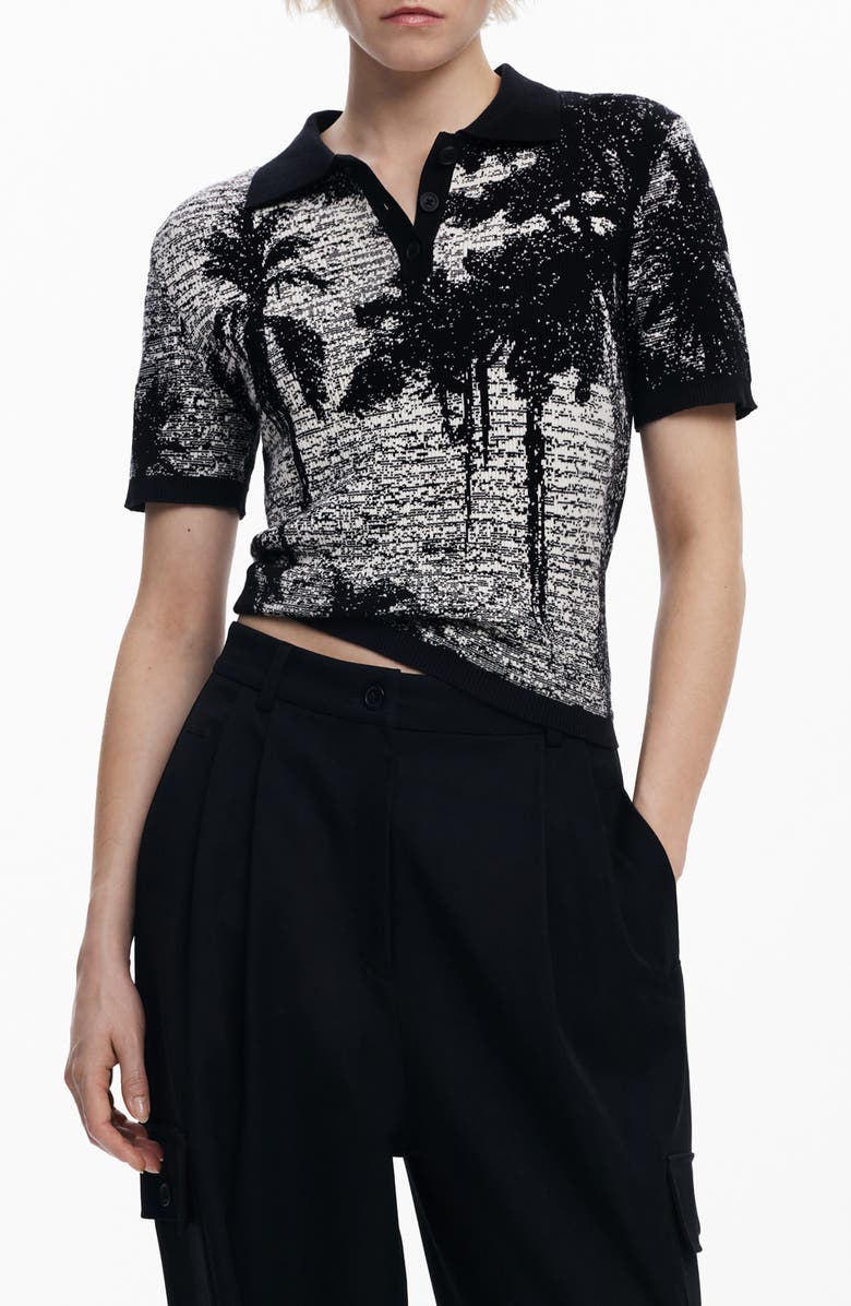 Desigual Palm Rib Cotton Polo, Main, color, Black