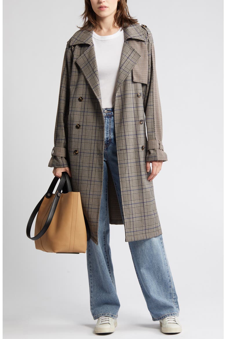 Shinely Plaid & Houndstooth Trench Coat, Main, color, BROWN PLAID MIX