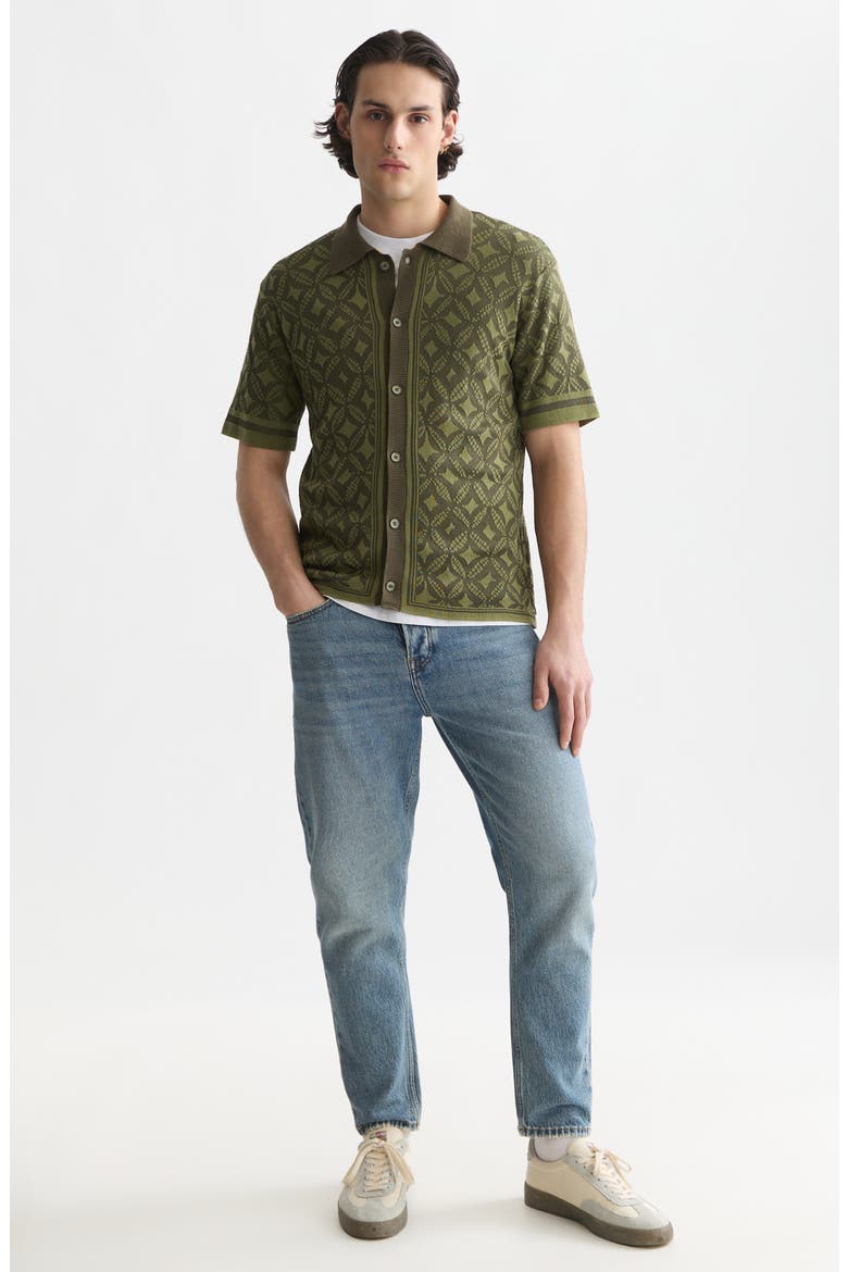 Knit Short Sleeve Button-Up Shirt, Alternate, color, TILES FLOWER OLIVE NIGHT