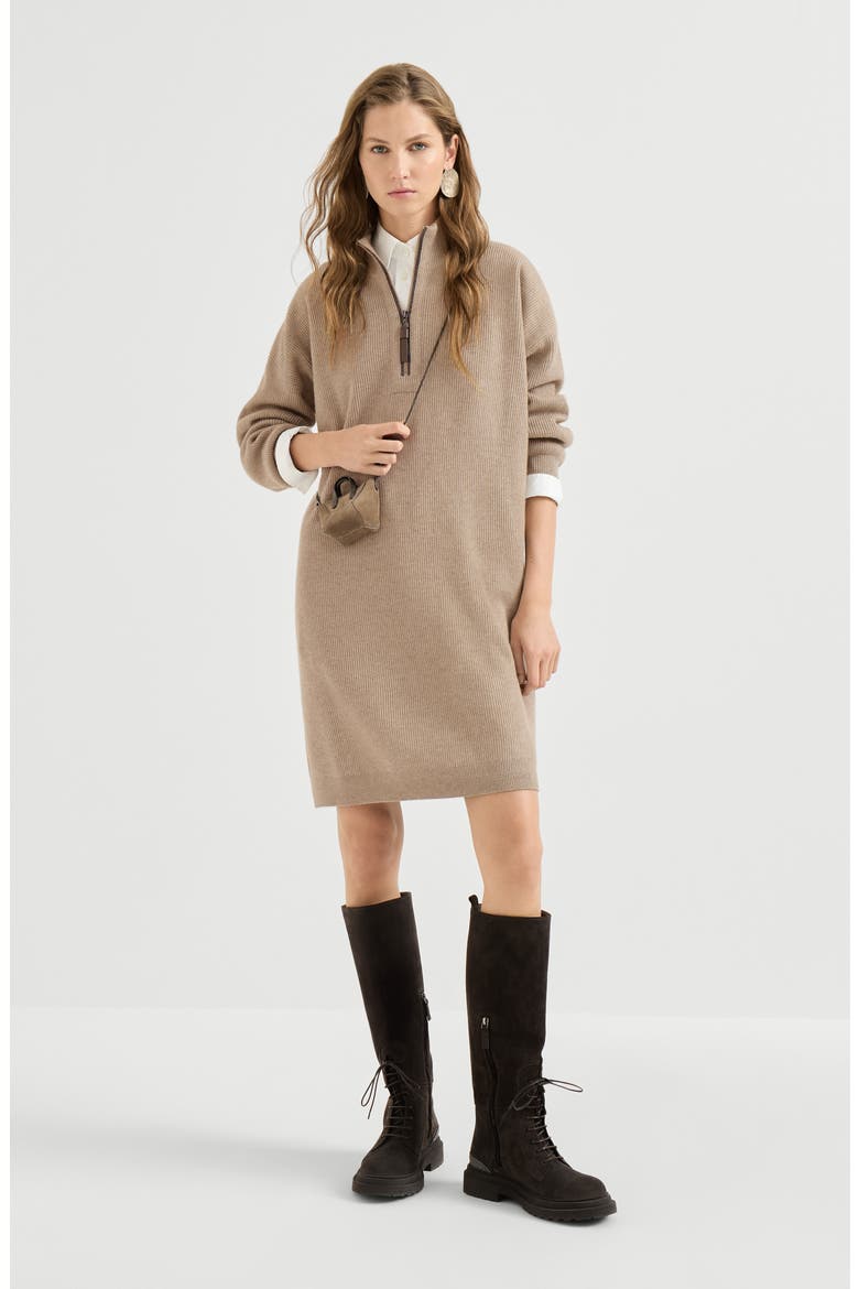 Virgin wool, cashmere and silk rib knit dress with precious half zip, Alternate, color, Beige