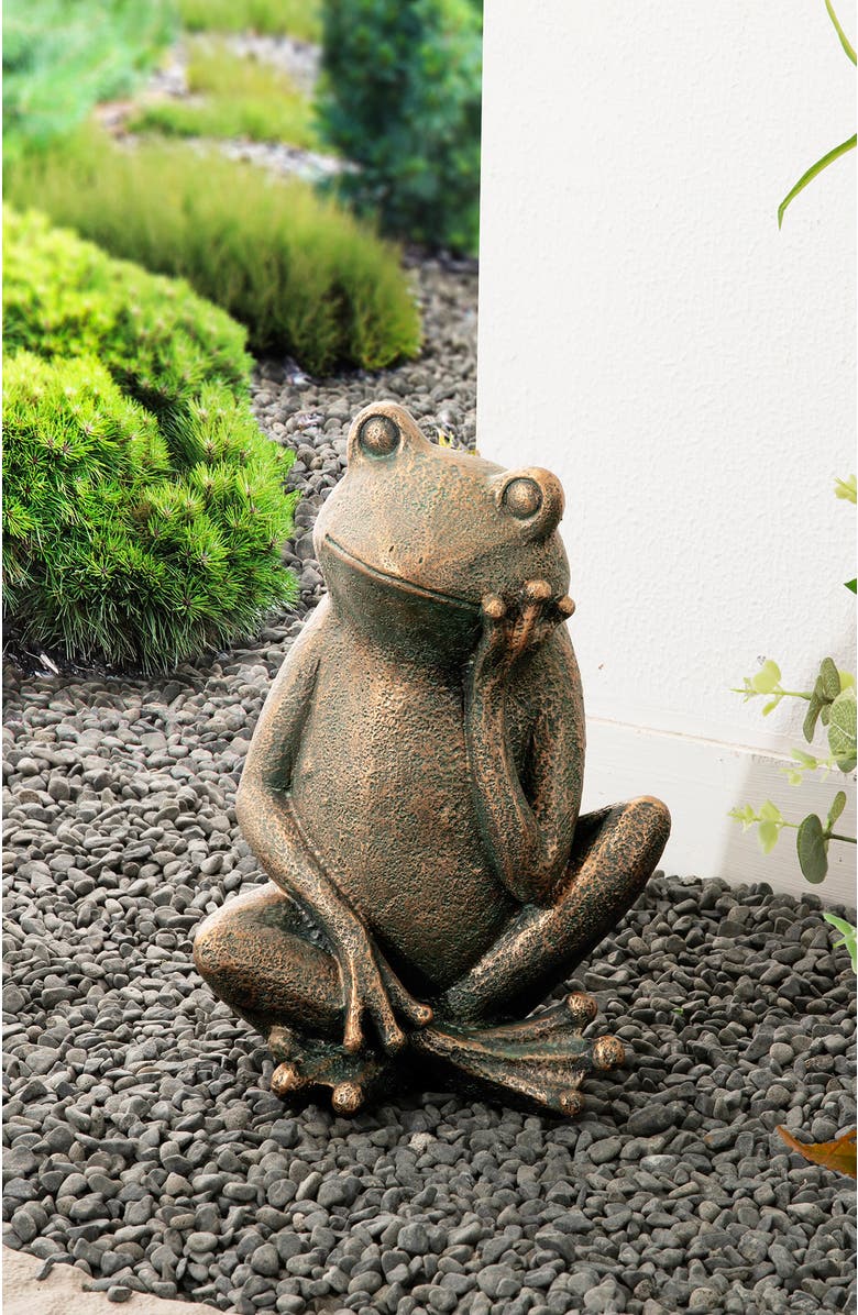 Glitzhome 12"H Resin Bronze Sitting Frog Statue, Alternate, color, Brown