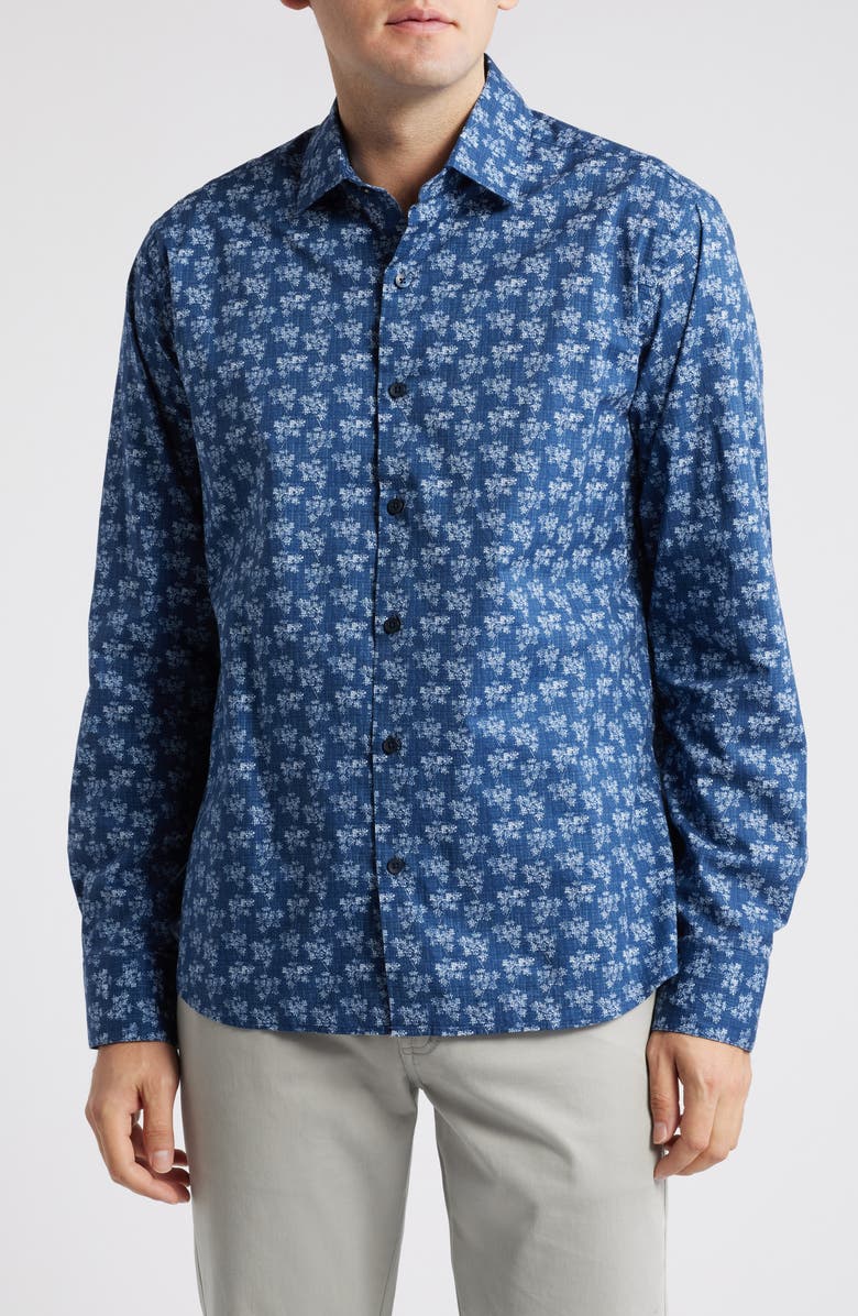 Robert Barakett Morgan Floral Print Cotton Shirt, Main, color, Blue