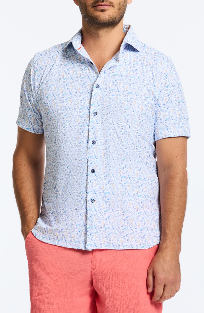Robert Graham Riptide Classic Fit Board Print Short Sleeve Knit Button-Up Shirt, Main, color, 