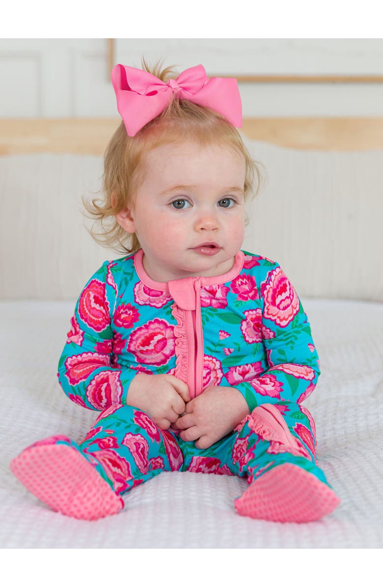 RuffleButts SoftSnooze Ruffle One Piece Footie Pajama, Alternate, color, Bright Blossoms