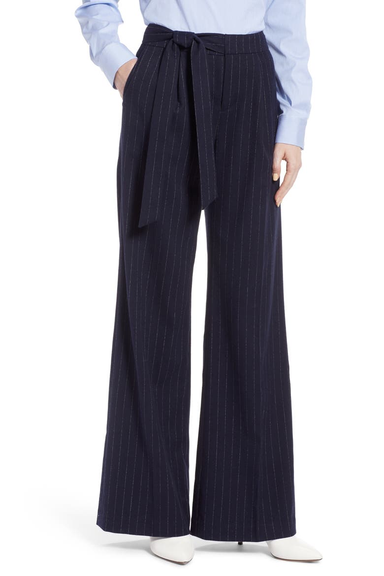 Tie Waist Wide Leg Stretch Crepe Pants, Main, color, NAVY CHALK STRIPE