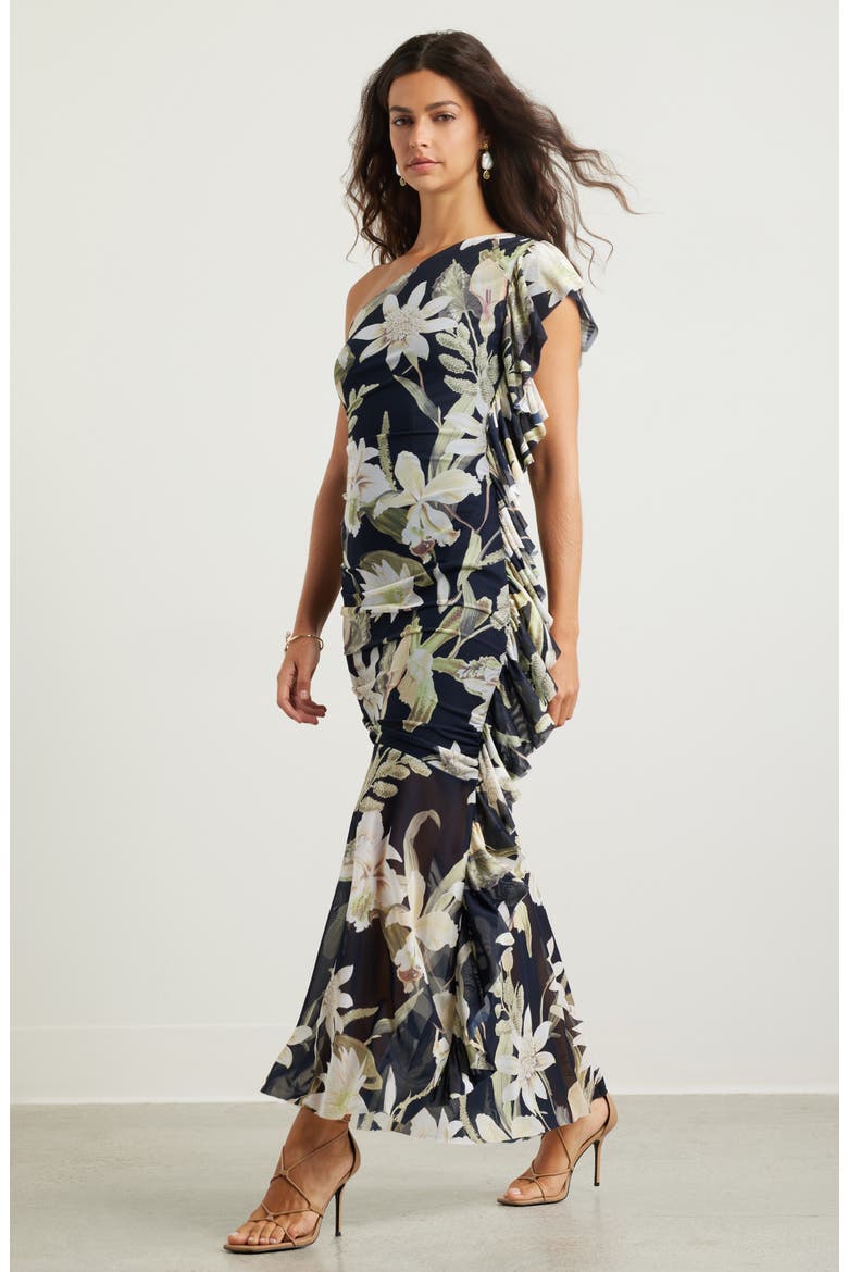 Drape Ruffle One-Shoulder Maxi Dress, Alternate, color, NAVY- GREEN ISLAND FLORAL