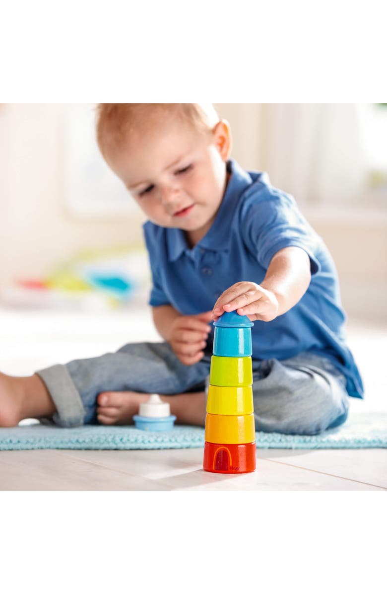 HABA Wooden Stacking Toy Rainbow Lighthouse, 8-Piece Building Blocks Set, Educational Wooden Toddler Toys for Motor Skills, Ages 1 and up, Alternate, color, Multi