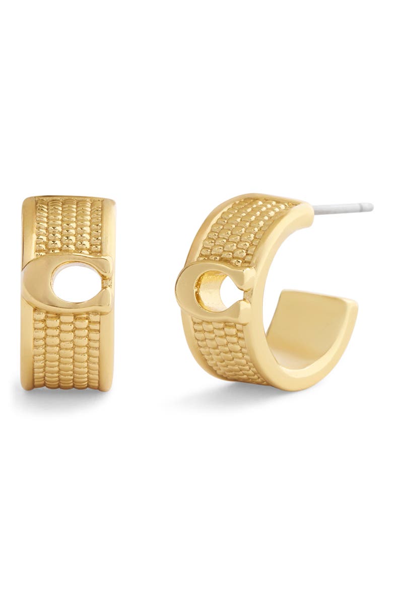 Textured Signature C Huggie Hoop Earrings, Main, color, SHINY GOLD