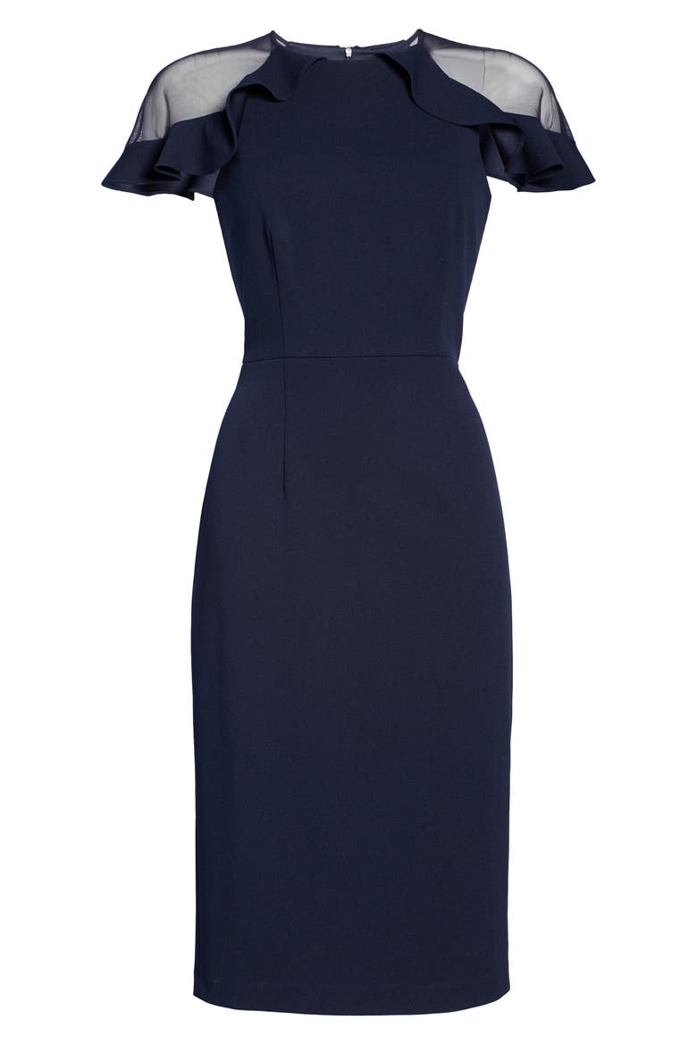 Sheer Ruffle Shoulder Cocktail Dress, Alternate, color, NAVY