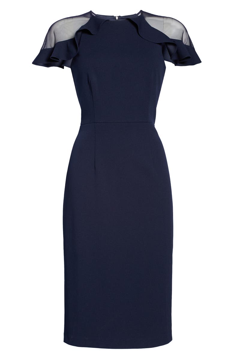 Eliza J Sheer Ruffle Shoulder Cocktail Dress, Alternate, color, Navy