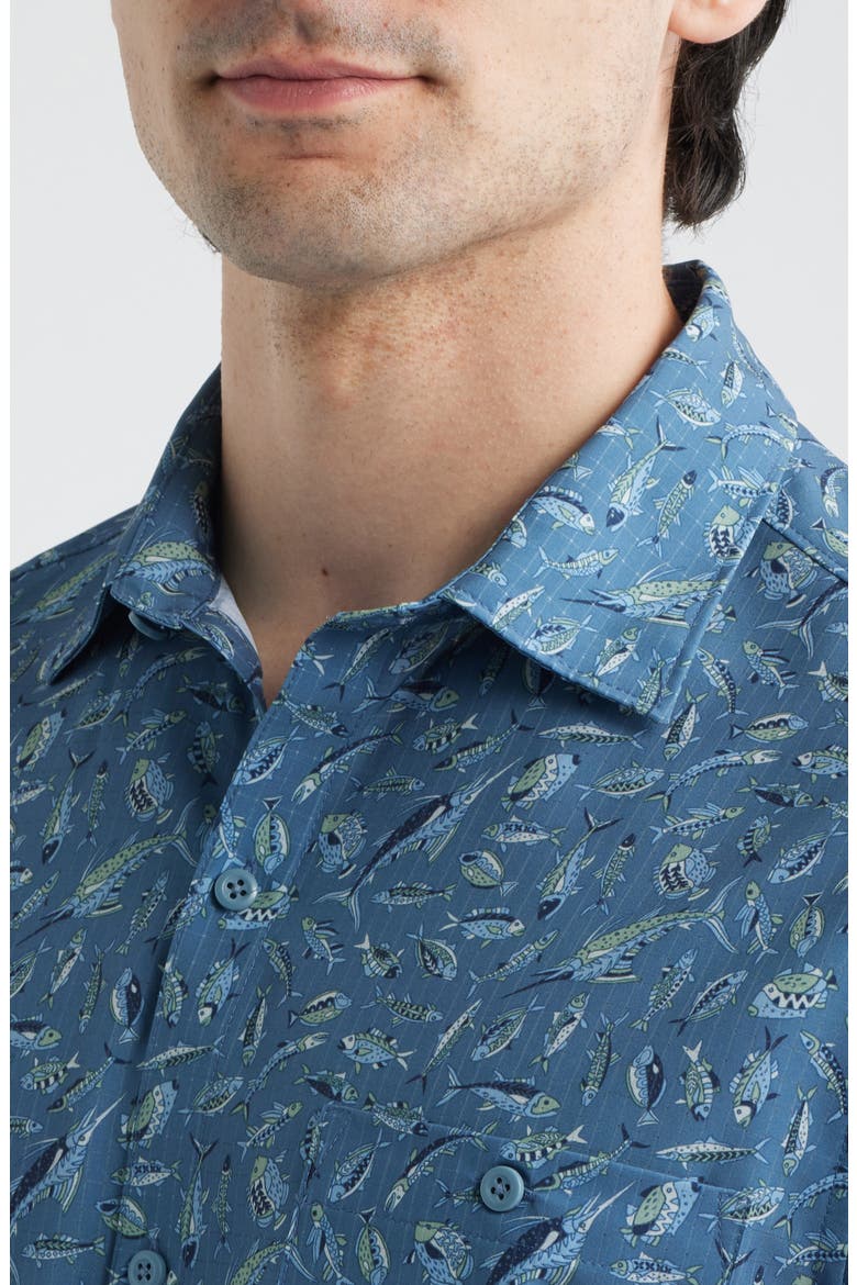 Bahama Coast Night Schooled Fish Print IslandZone® Short Sleeve Button-Up Shirt, Alternate, color, KING FISH