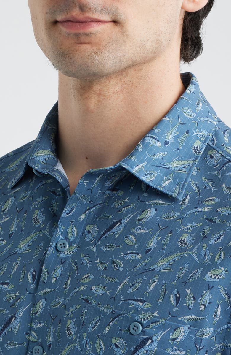 Tommy Bahama Bahama Coast Night Schooled Fish Print IslandZone<sup>®</sup> Short Sleeve Button-Up Shirt, Alternate, color, King Fish