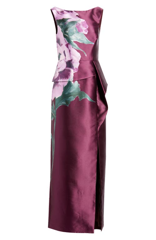Kay Unger Luciana Placed Floral Column Gown In Purple