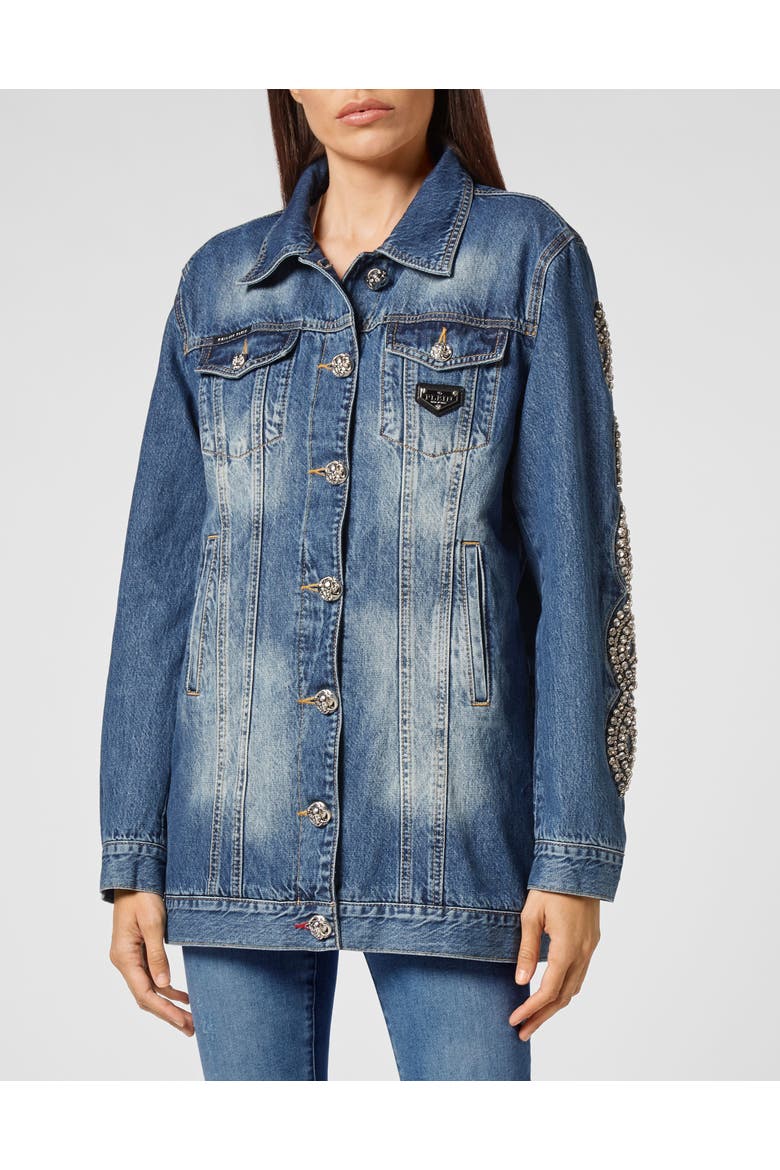 Denim Jacket Crystal Cable Women, Main, color, NewBaroqueBlue