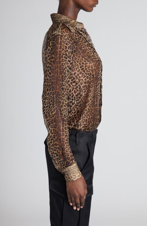 Tom Ford Leopard Print Silk Chiffon & Crepe Shirt In Brown