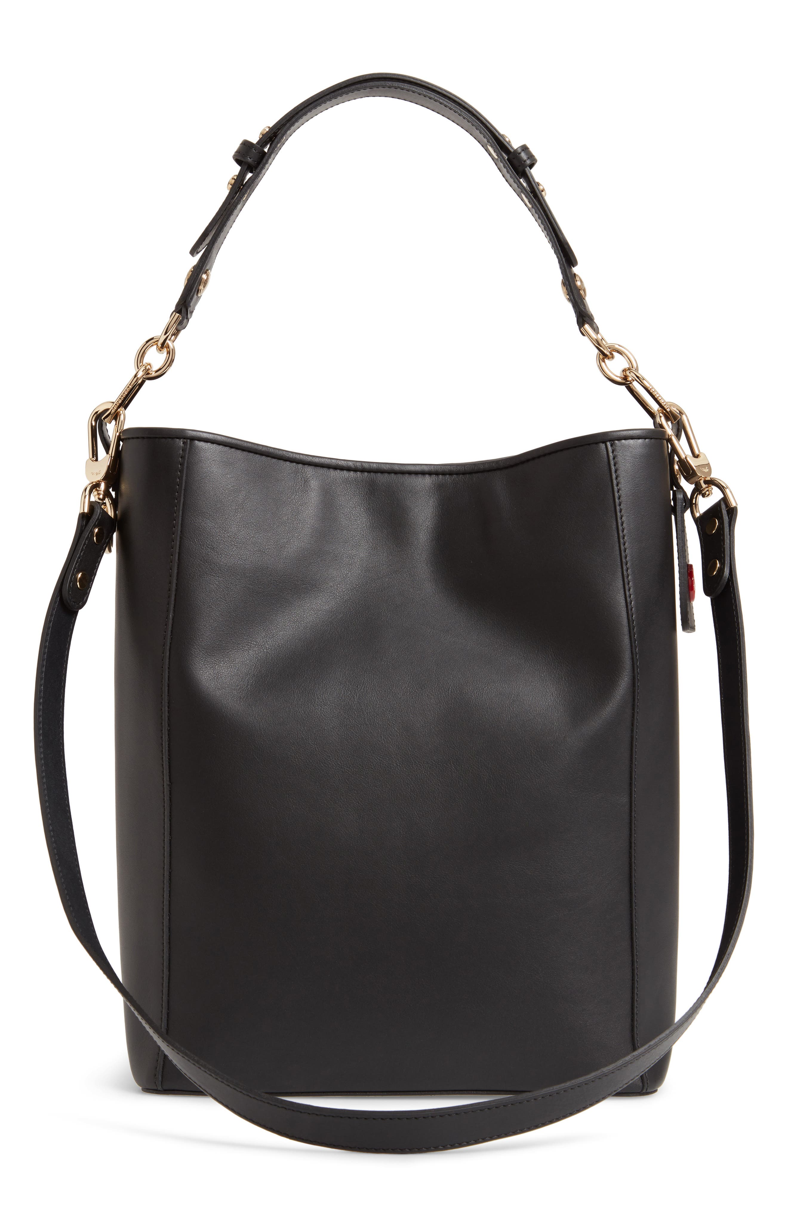 Longchamp Mademoiselle Perforated Calfskin Leather Bucket Bag, Alternate, color, Black