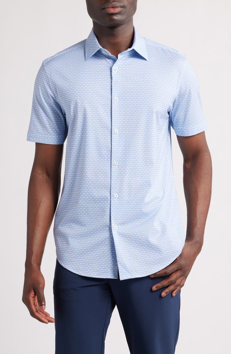 Bugatchi Miles OoohCotton<sup>®</sup> Grid Check Short Sleeve Button-Up Shirt, Main, color, Air Blue