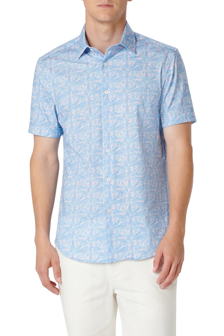 Miles OoohCotton® Leaf Print Short Sleeve Button-Up Shirt, Main, color, BLUE/ PINK