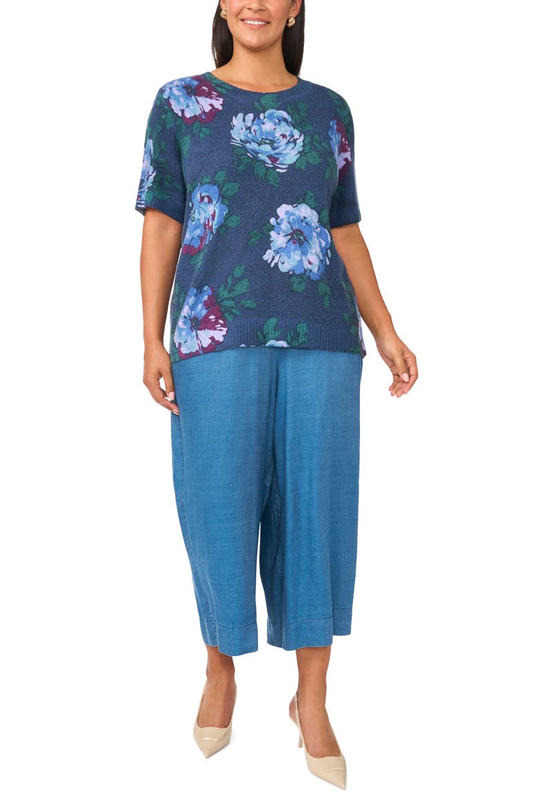 Floral Short Sleeve Crewneck Sweater, Alternate, color, INDIGO NIGHT