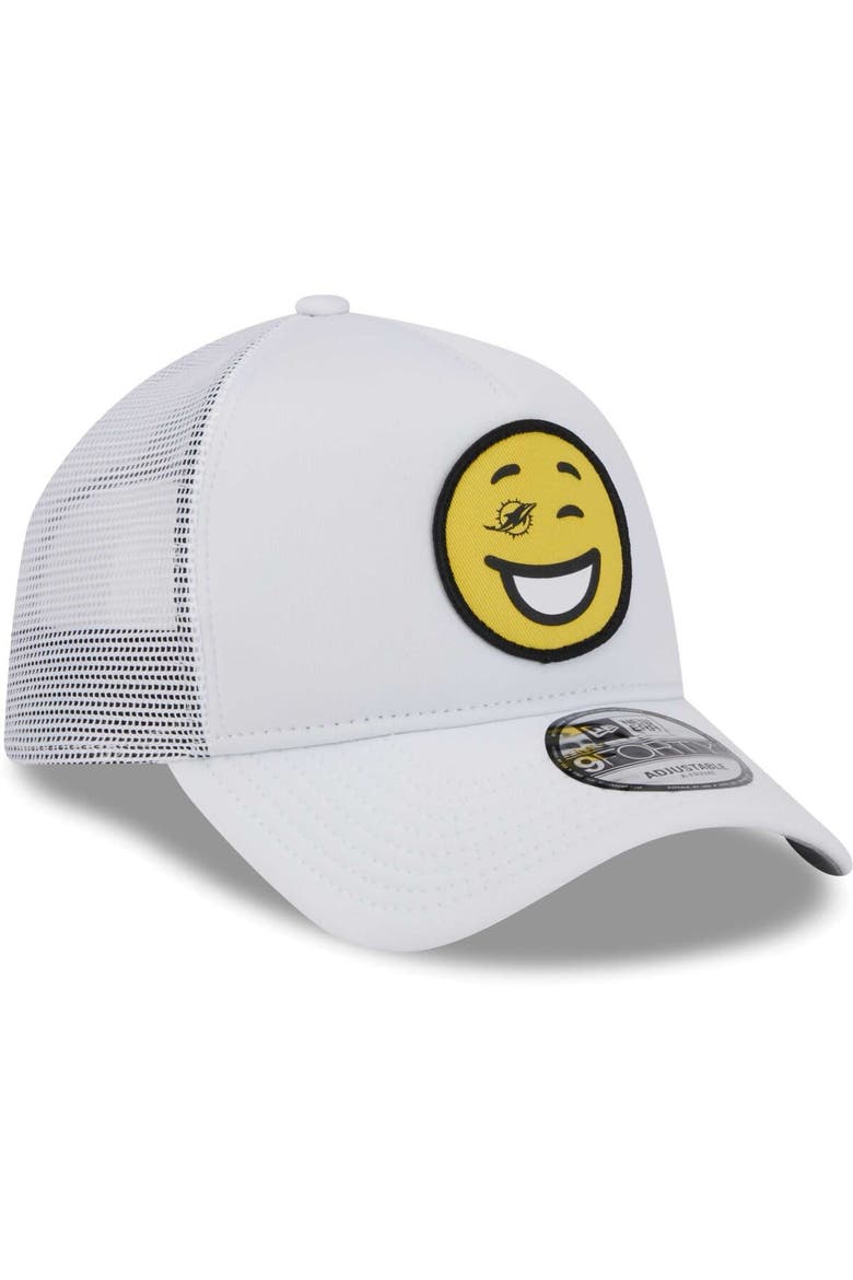 Men's New Era White Miami Dolphins Happy A-Frame Trucker 9FORTY Snapback Hat, Alternate, color, White