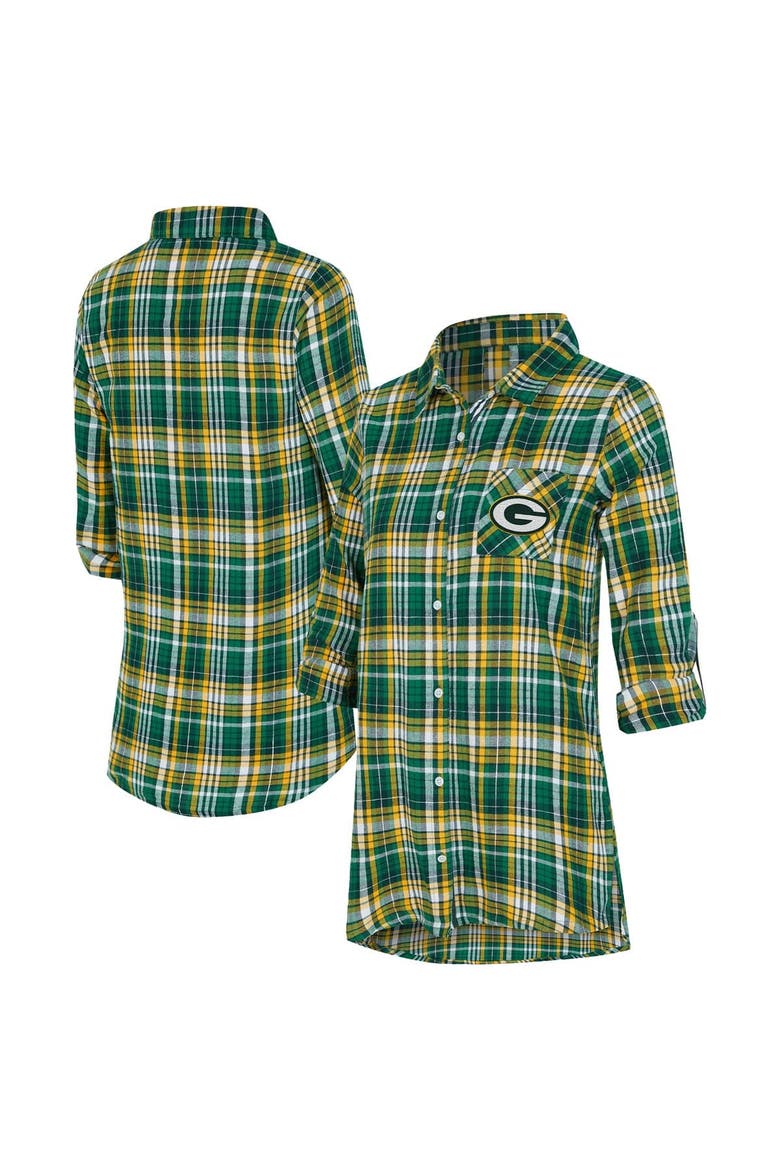 Women's Concepts Sport Green Green Bay Packers Laney Plaid Tri-Blend Full-Button Nightshirt, Main, color, Green