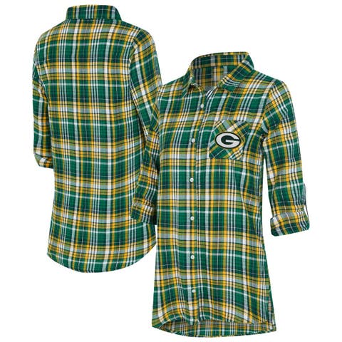 Women's Concepts Sport Green Green Bay Packers Laney Plaid Tri-Blend Full-Button Nightshirt