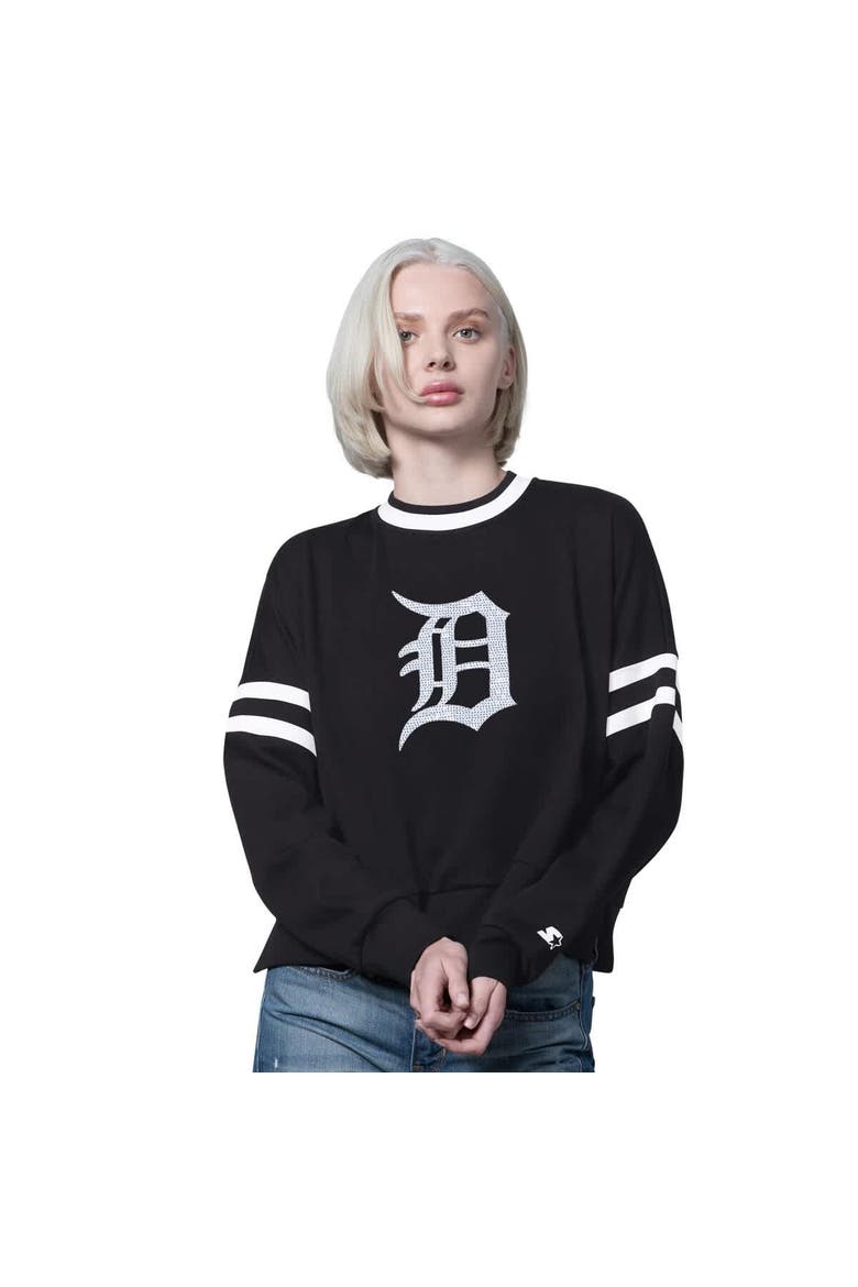 Women's Starter Black Detroit Tigers Rally Cropped Drop Shoulder Crewneck Sweatshirt, Main, color, Black