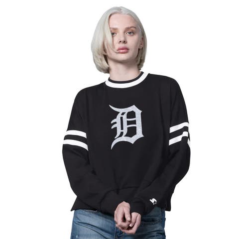 Women's Starter Black Detroit Tigers Rally Cropped Drop Shoulder Crewneck Sweatshirt