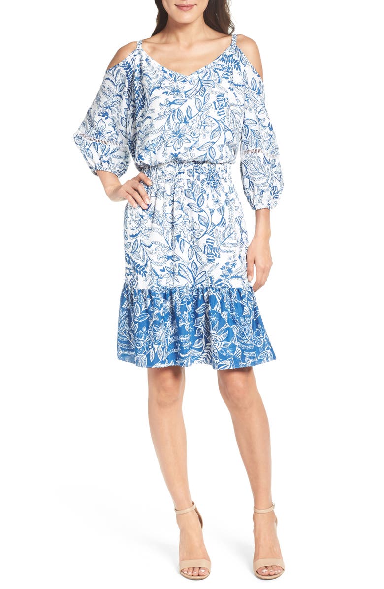 Eliza J Cold Shoulder Dress, Alternate, color, Blue/ Ivory