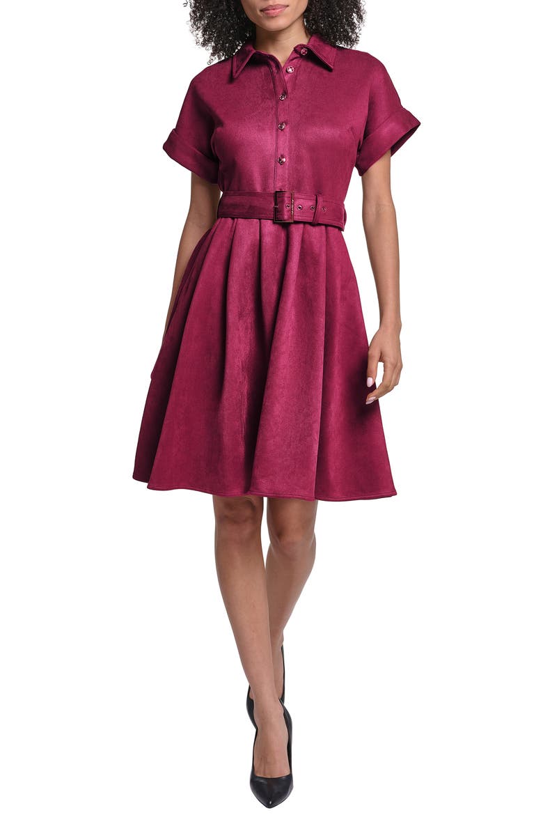 Belted Faux Suede Shirtdress, Main, color, PORT