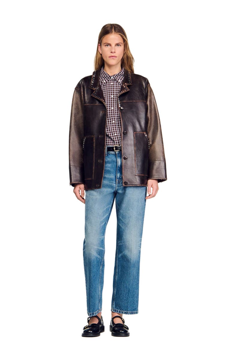 SANDRO Oversized leather jacket with studs, Alternate, color, Brown