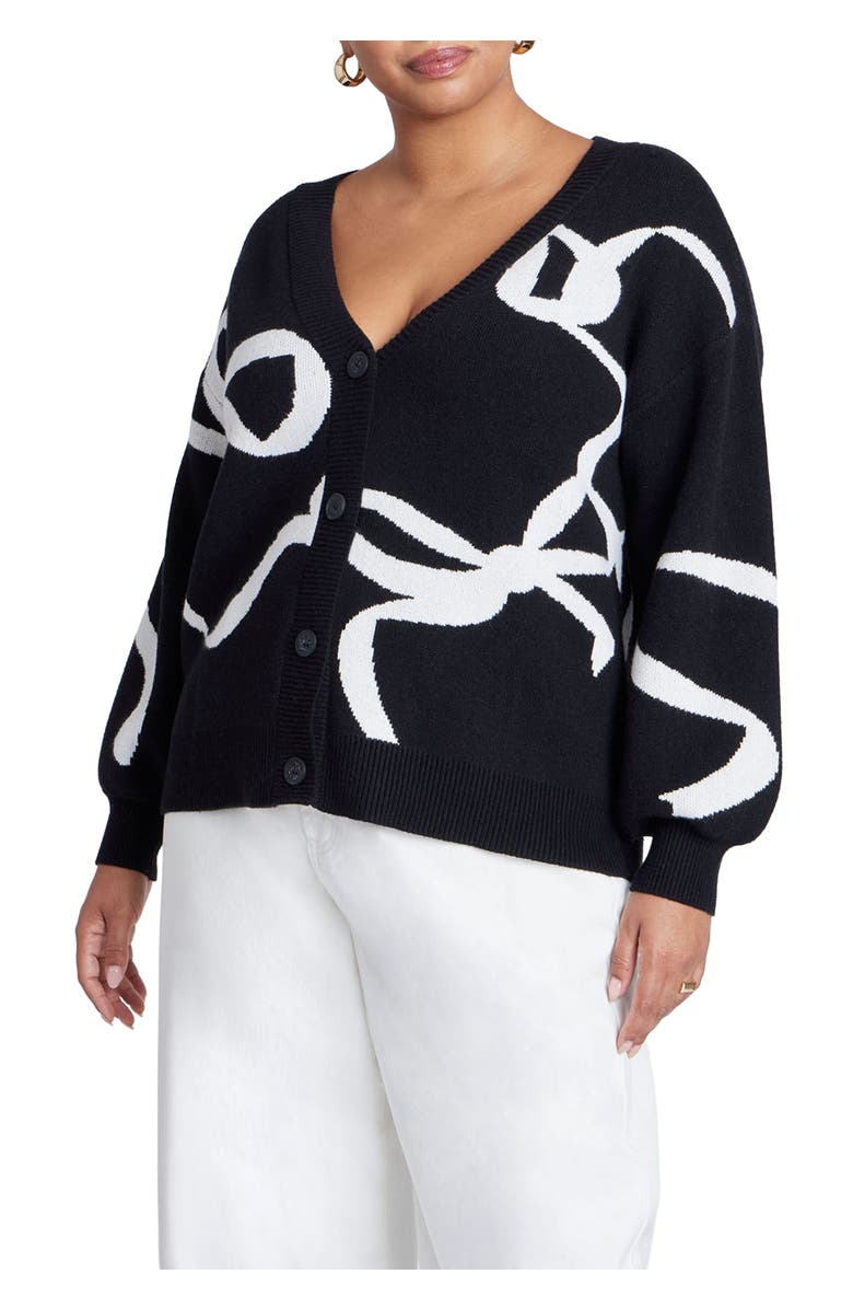 ELOQUII Bow Print Cardigan, Main, color, Black White