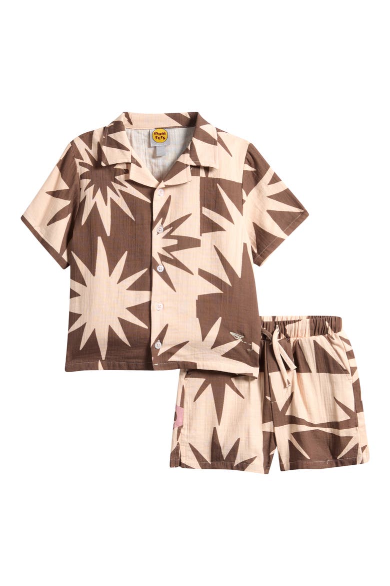 Kids' Print Cotton Muslin Camp Shirt & Drawstring Shorts Set, Main, color, PINK
